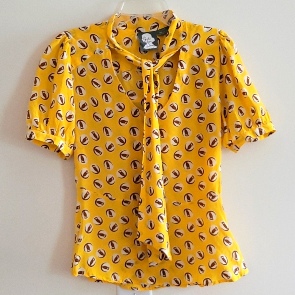Pelpum Silk Yellow Necktie Blouse with Puff Sleeves